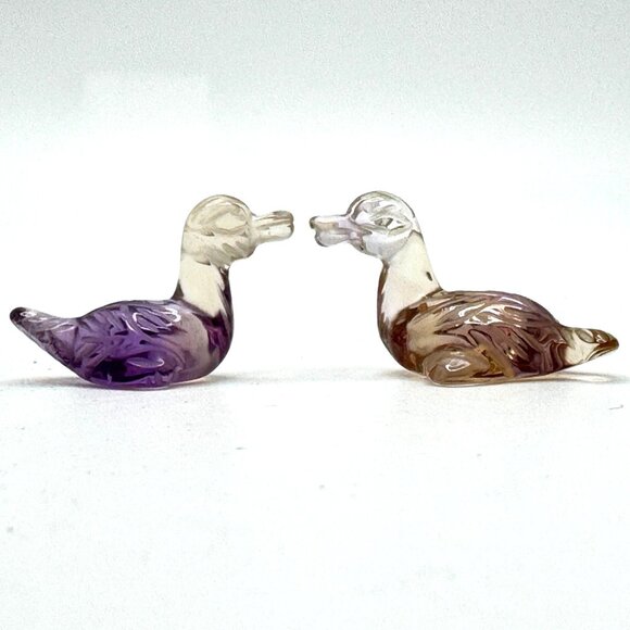 Natural Ametrine Gemstone Bird Duck Carvings .75" Set of 2 Purple Yellow - Picture 1 of 9